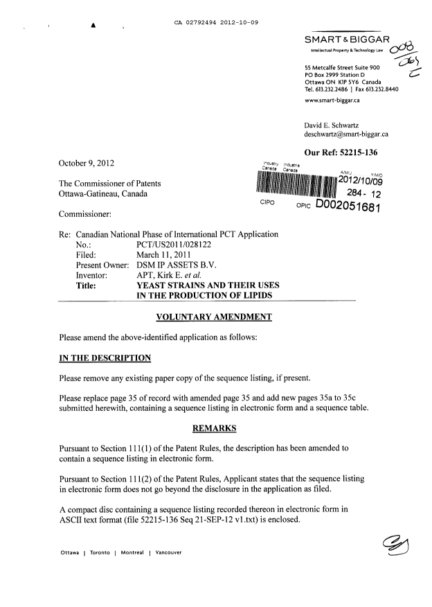 Canadian Patent Document 2792494. Prosecution-Amendment 20121009. Image 1 of 7
