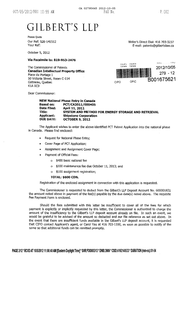 Document de brevet canadien 2795645. Cession 20121005. Image 1 de 10