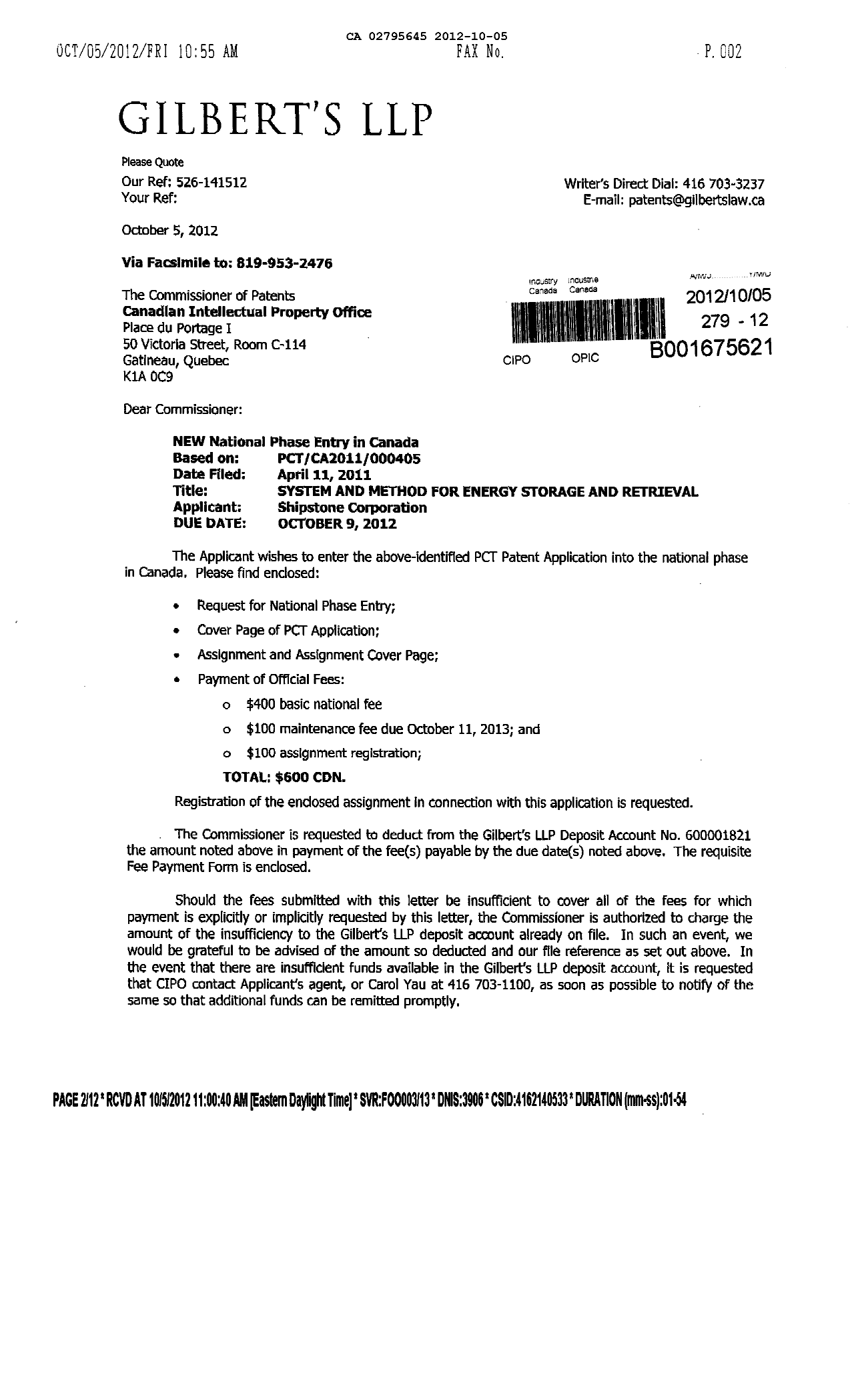 Document de brevet canadien 2795645. Cession 20121005. Image 1 de 10