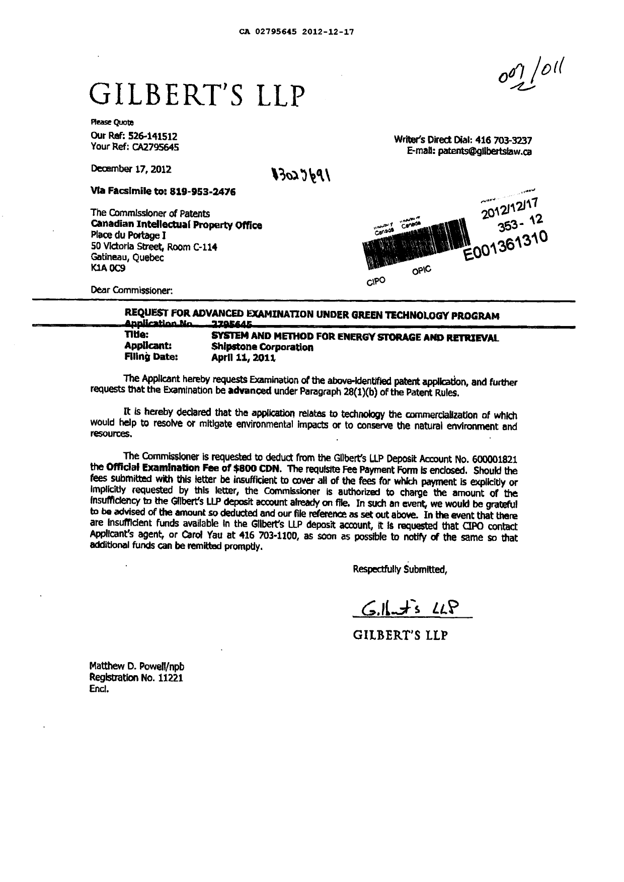 Document de brevet canadien 2795645. Poursuite-Amendment 20121217. Image 1 de 2