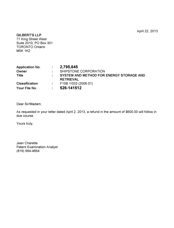 Document de brevet canadien 2795645. Correspondance 20130422. Image 1 de 1
