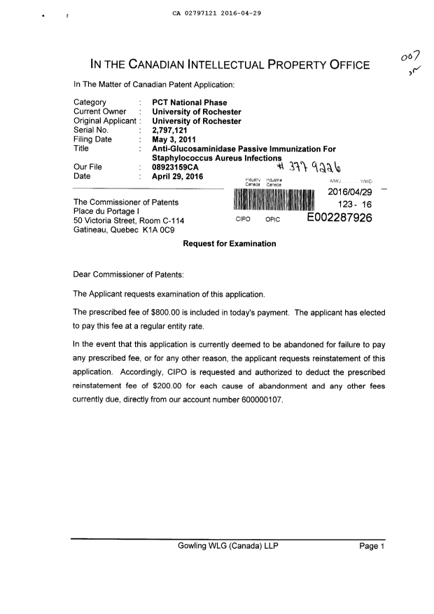 Document de brevet canadien 2797121. Requête d'examen 20160429. Image 1 de 2