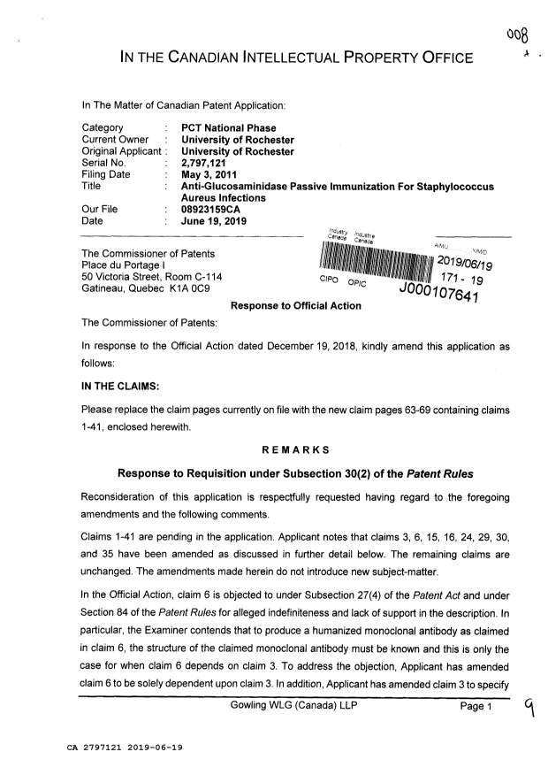Canadian Patent Document 2797121. Amendment 20190619. Image 1 of 9