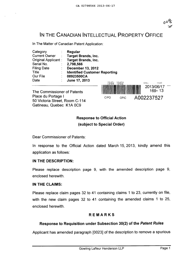 Canadian Patent Document 2798566. Prosecution-Amendment 20121217. Image 1 of 17