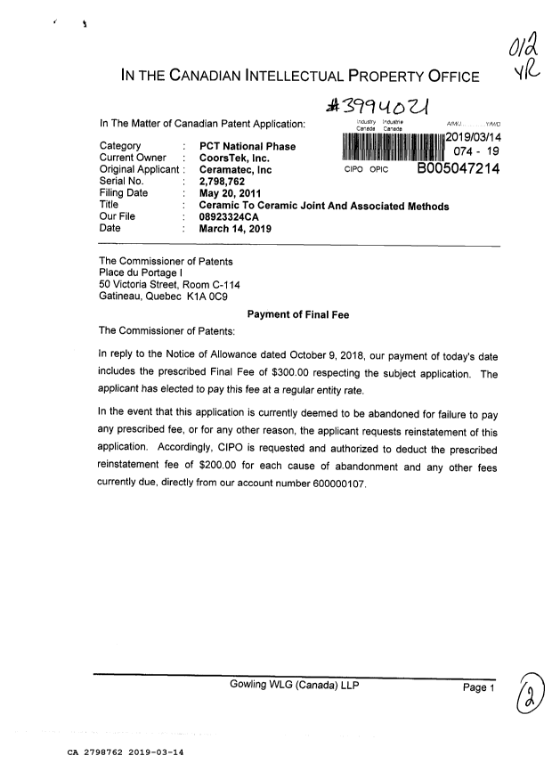 Canadian Patent Document 2798762. Final Fee 20190314. Image 1 of 2