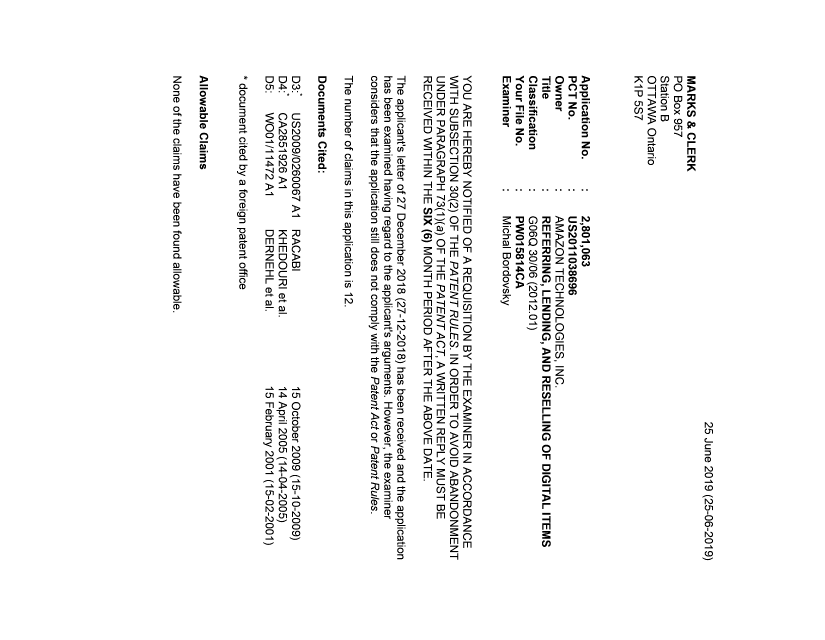 Canadian Patent Document 2801063. Prosecution-Amendment 20181225. Image 1 of 6