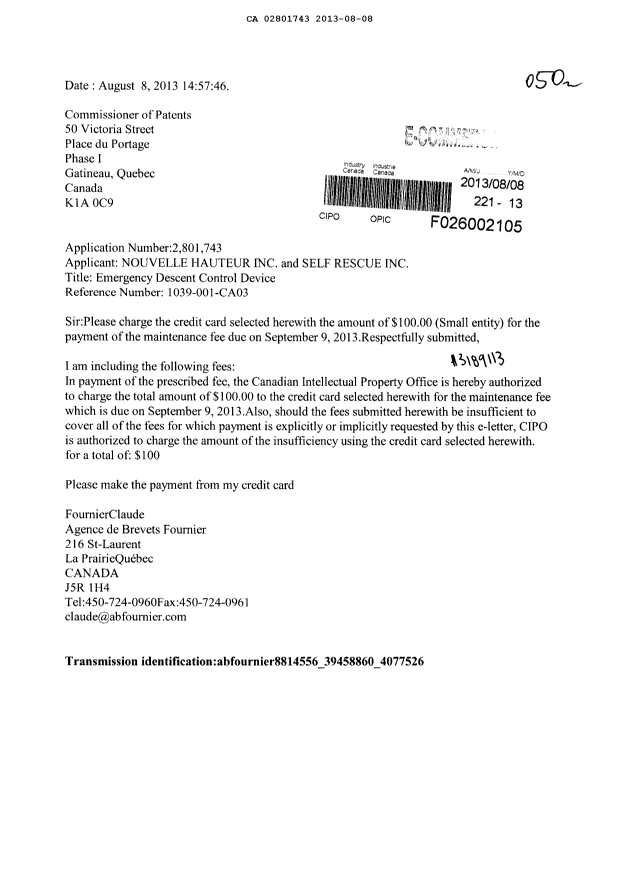 Document de brevet canadien 2801743. Taxes 20121208. Image 1 de 1