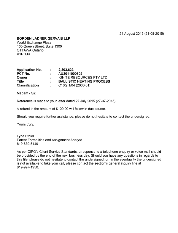 Canadian Patent Document 2803633. Office Letter 20150821. Image 1 of 1