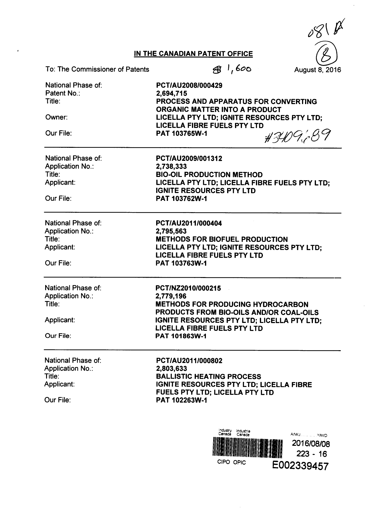 Canadian Patent Document 2803633. Assignment 20160808. Image 1 of 80