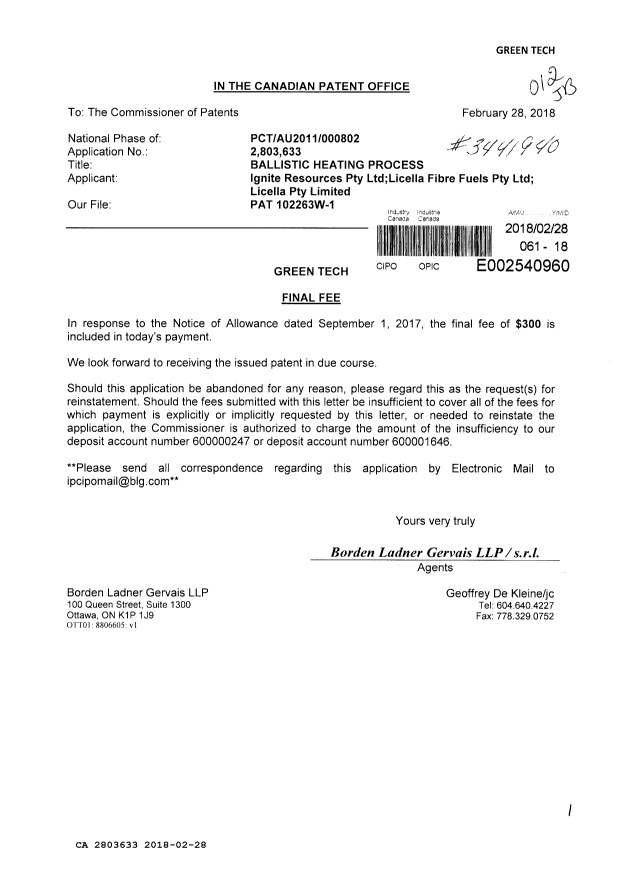 Document de brevet canadien 2803633. Taxe finale 20180228. Image 1 de 1