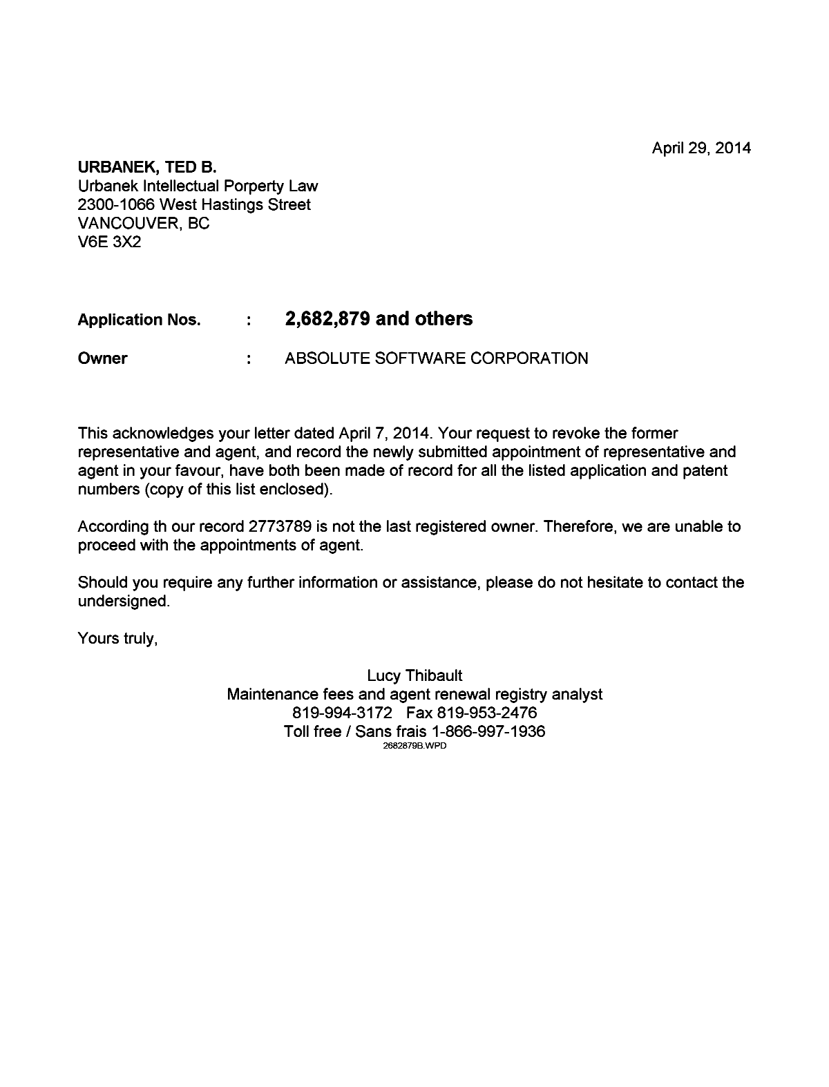 Document de brevet canadien 2804188. Correspondance 20131229. Image 1 de 1