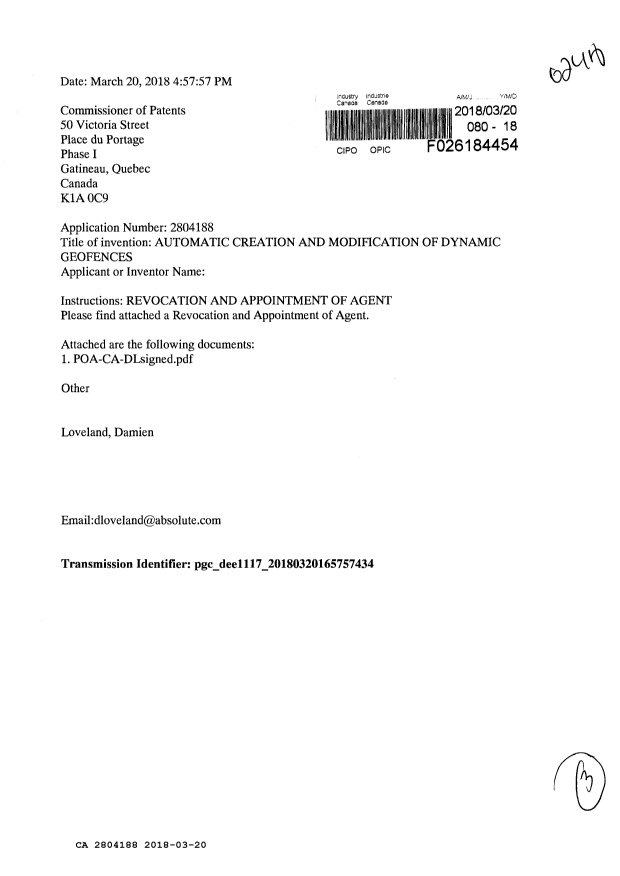 Document de brevet canadien 2804188. Correspondance 20171220. Image 1 de 3