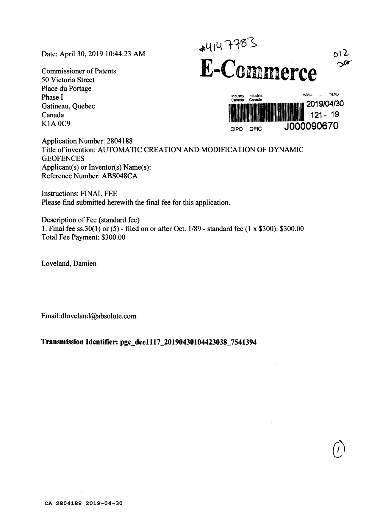 Canadian Patent Document 2804188. Correspondence 20181230. Image 1 of 1