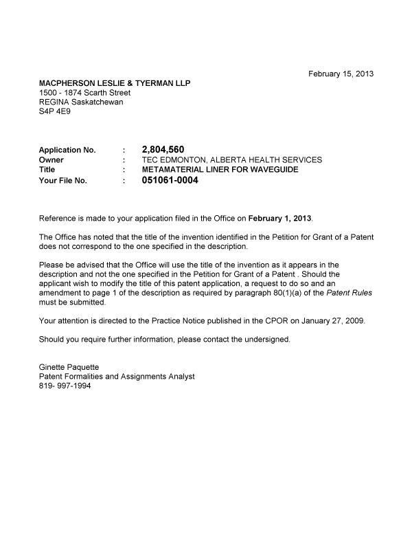 Canadian Patent Document 2804560. Correspondence 20121215. Image 1 of 1