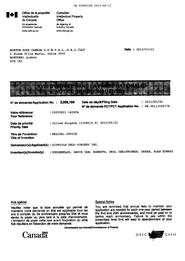 Document de brevet canadien 2806164. Correspondance 20121217. Image 3 de 3