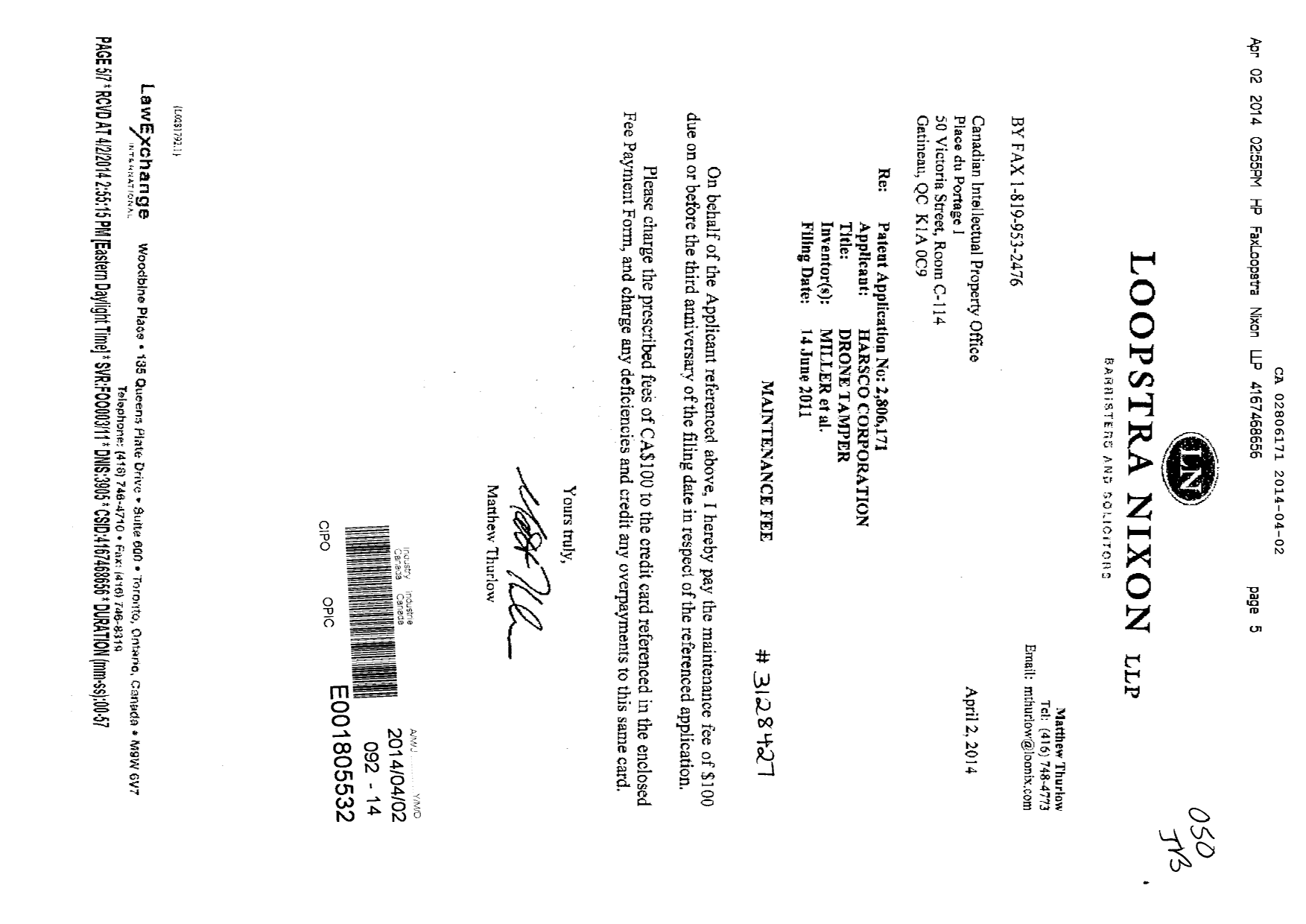 Document de brevet canadien 2806171. Taxes 20131202. Image 1 de 1