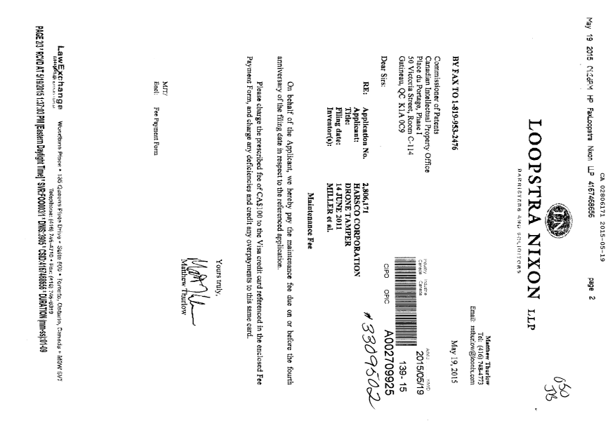Document de brevet canadien 2806171. Taxes 20141219. Image 1 de 2