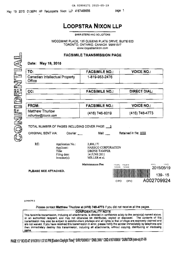 Canadian Patent Document 2806171. Fees 20141219. Image 2 of 2