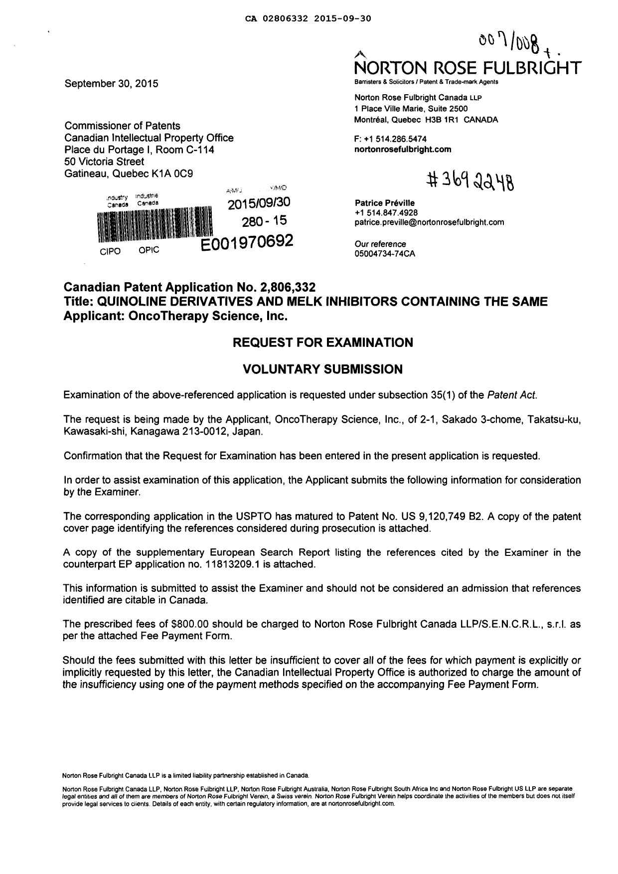 Document de brevet canadien 2806332. Poursuite-Amendment 20141230. Image 1 de 2