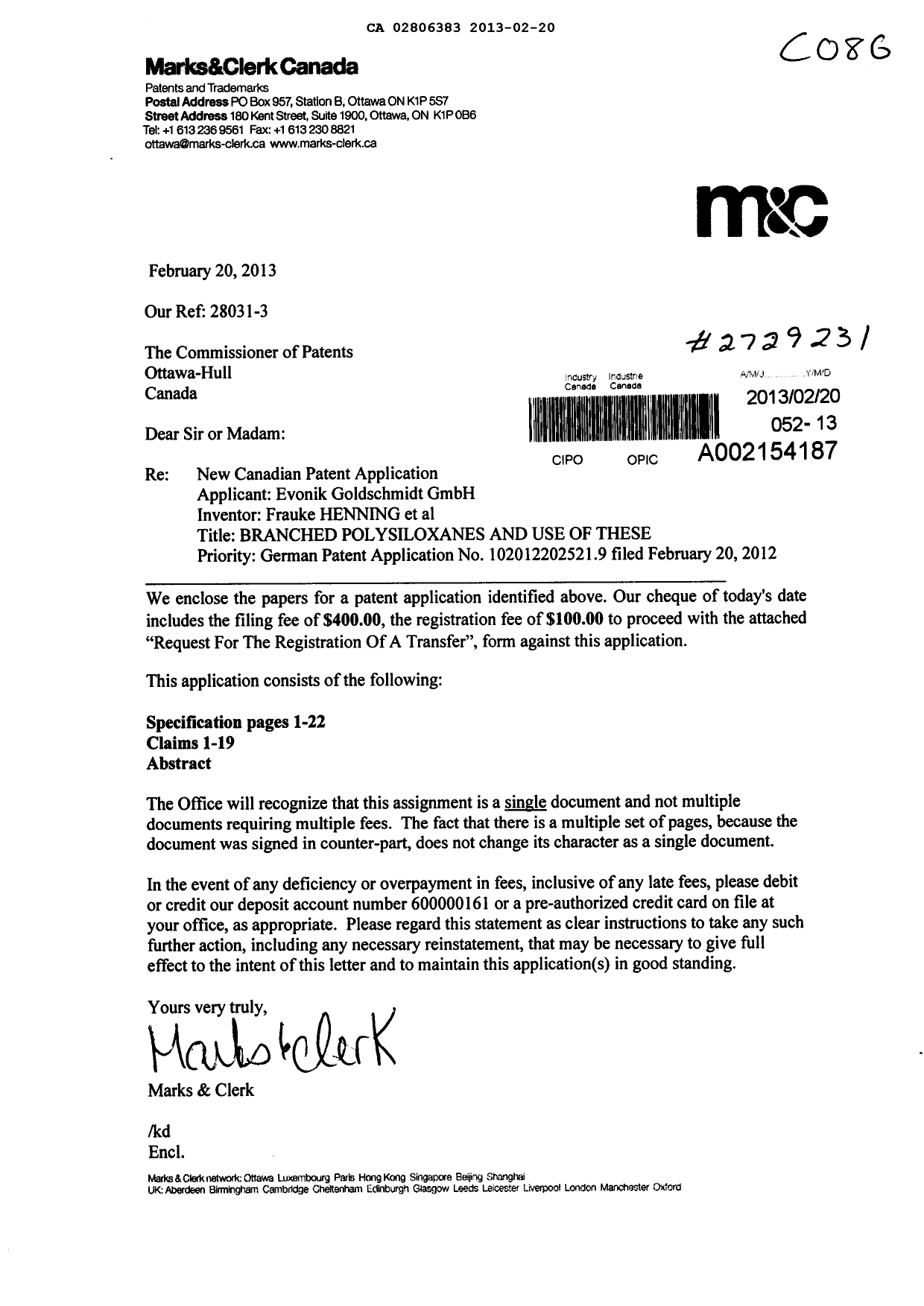 Document de brevet canadien 2806383. Cession 20130220. Image 1 de 16