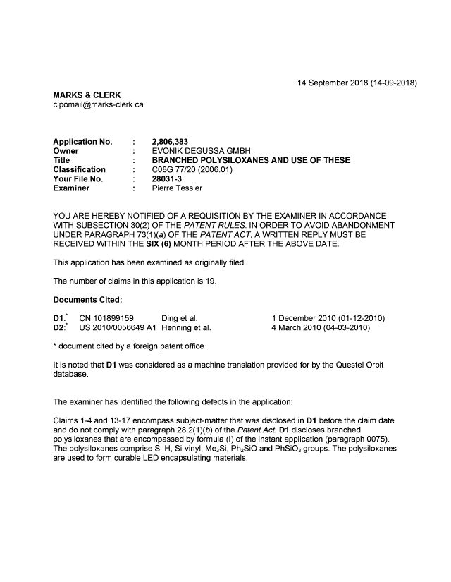 Document de brevet canadien 2806383. Demande d'examen 20180914. Image 1 de 4