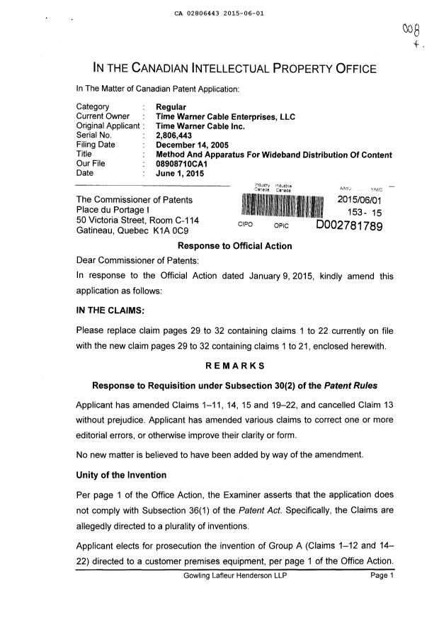 Document de brevet canadien 2806443. Poursuite-Amendment 20141201. Image 1 de 10