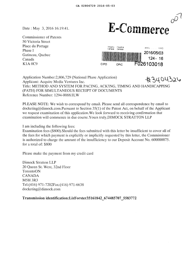Document de brevet canadien 2806729. Poursuite-Amendment 20151203. Image 1 de 1