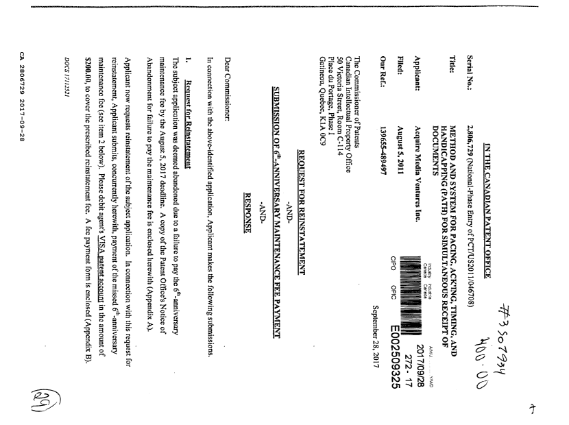 Document de brevet canadien 2806729. Modification 20170928. Image 1 de 29