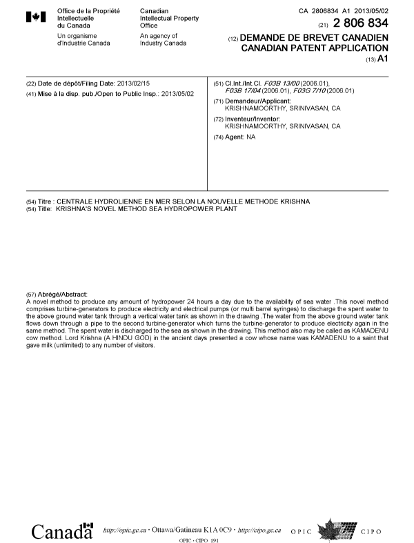 Canadian Patent Document 2806834. Cover Page 20121229. Image 1 of 1