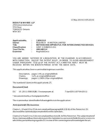 Document de brevet canadien 2806910. Poursuite-Amendment 20140513. Image 1 de 3