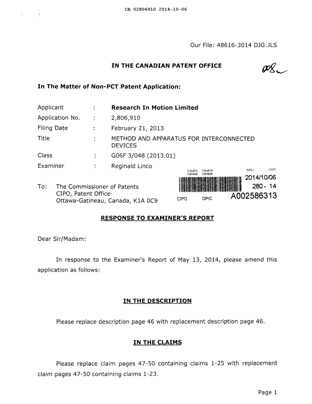 Document de brevet canadien 2806910. Poursuite-Amendment 20141006. Image 1 de 9
