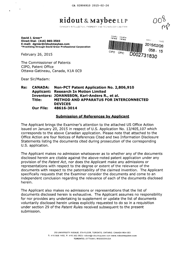 Document de brevet canadien 2806910. Poursuite-Amendment 20150226. Image 1 de 2