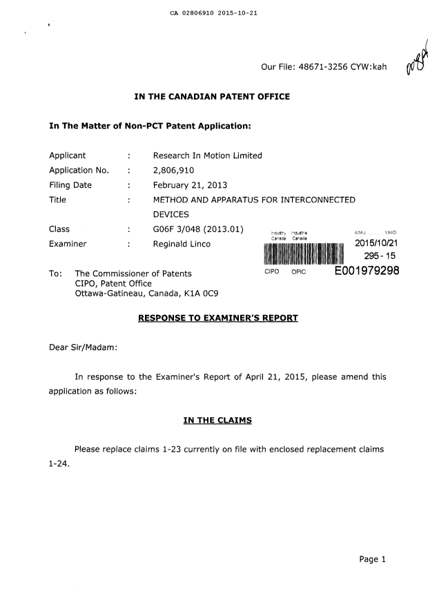 Document de brevet canadien 2806910. Modification 20151021. Image 1 de 13