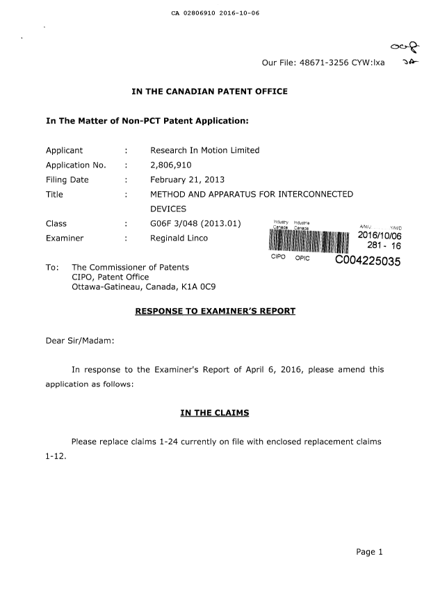Document de brevet canadien 2806910. Modification 20161006. Image 1 de 14