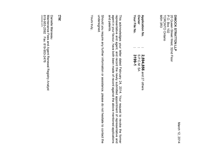 Document de brevet canadien 2807010. Correspondance 20131212. Image 1 de 1