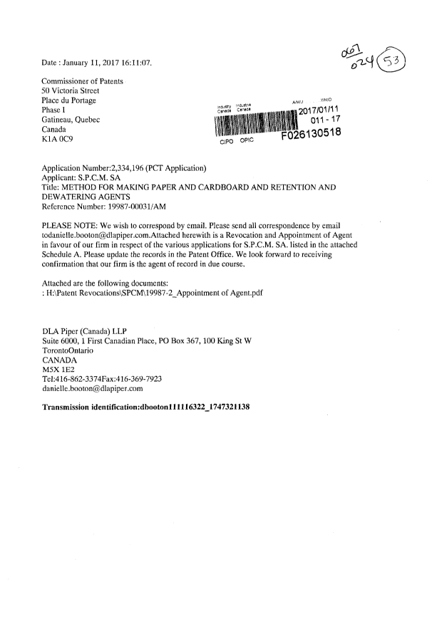 Document de brevet canadien 2807010. Correspondance 20161211. Image 1 de 5