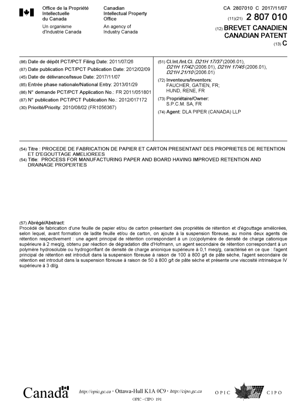 Document de brevet canadien 2807010. Page couverture 20161212. Image 1 de 1