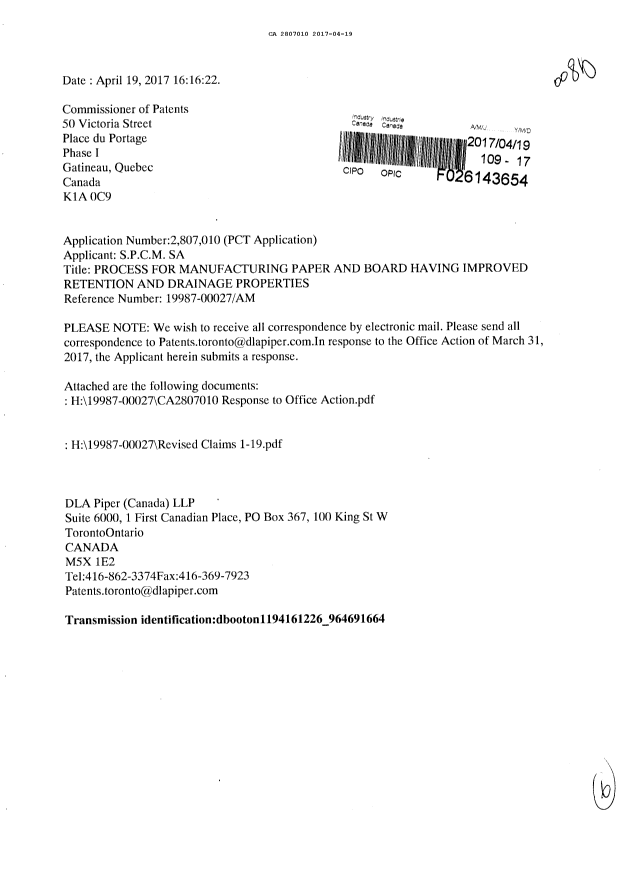 Document de brevet canadien 2807010. Poursuite-Amendment 20161219. Image 1 de 6