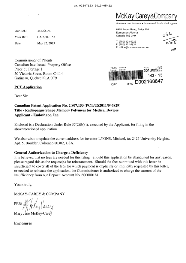 Document de brevet canadien 2807153. Correspondance 20121222. Image 1 de 2
