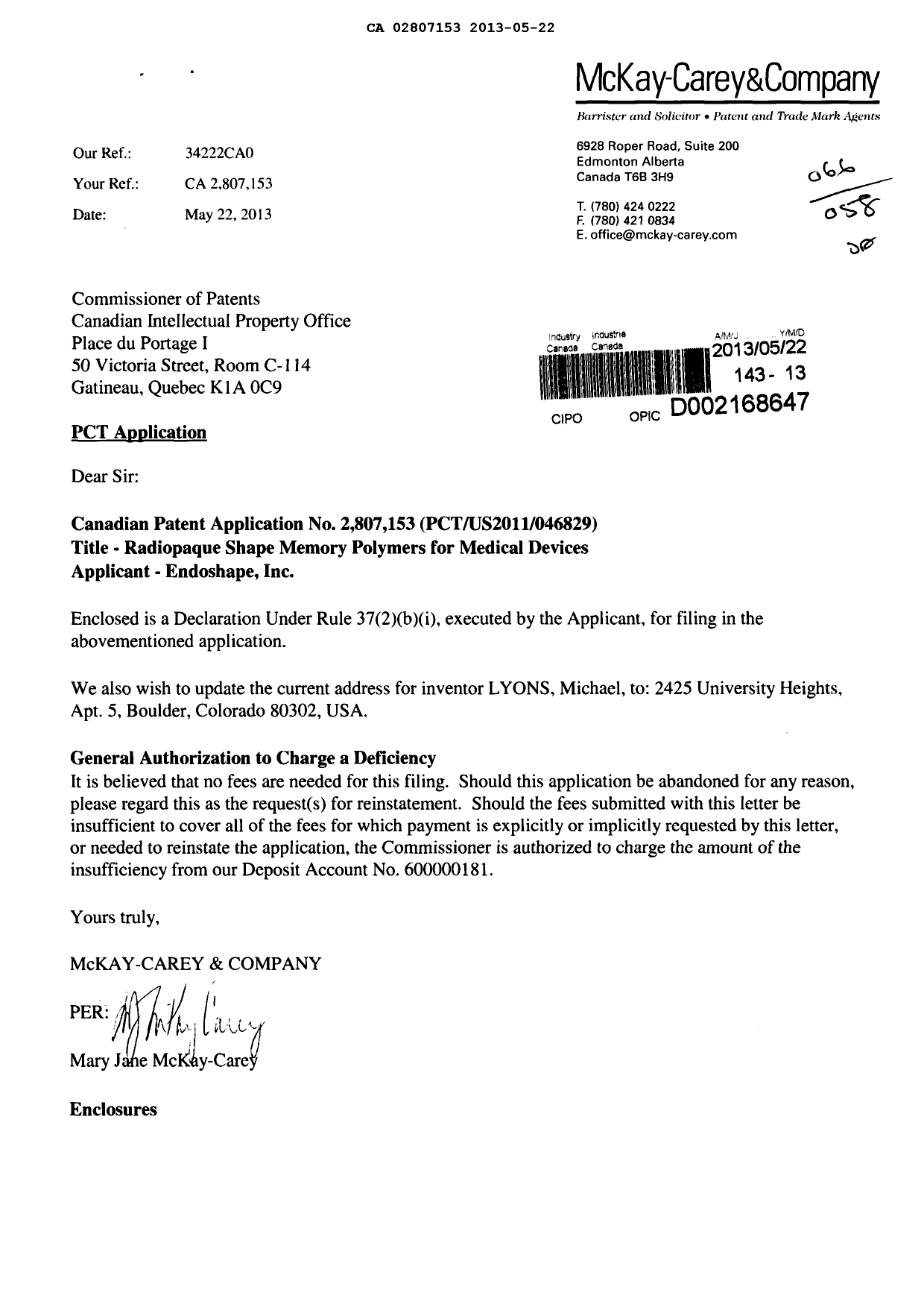 Document de brevet canadien 2807153. Correspondance 20121222. Image 1 de 2