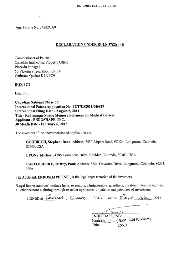 Document de brevet canadien 2807153. Correspondance 20121222. Image 2 de 2