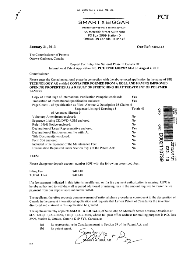 Document de brevet canadien 2807179. Cession 20130131. Image 1 de 2