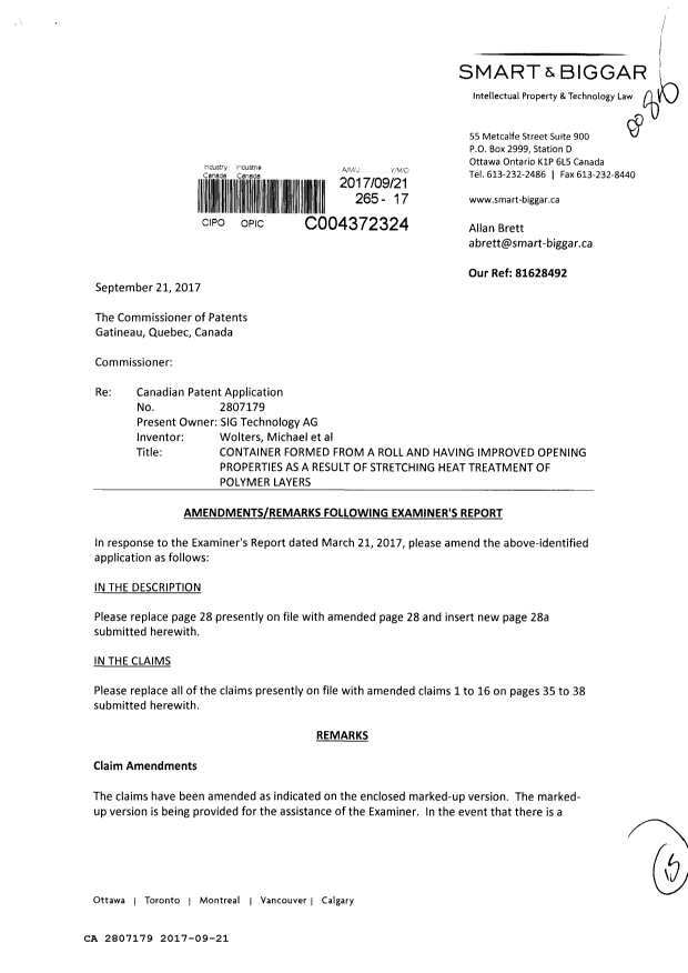 Document de brevet canadien 2807179. Modification 20170921. Image 1 de 15