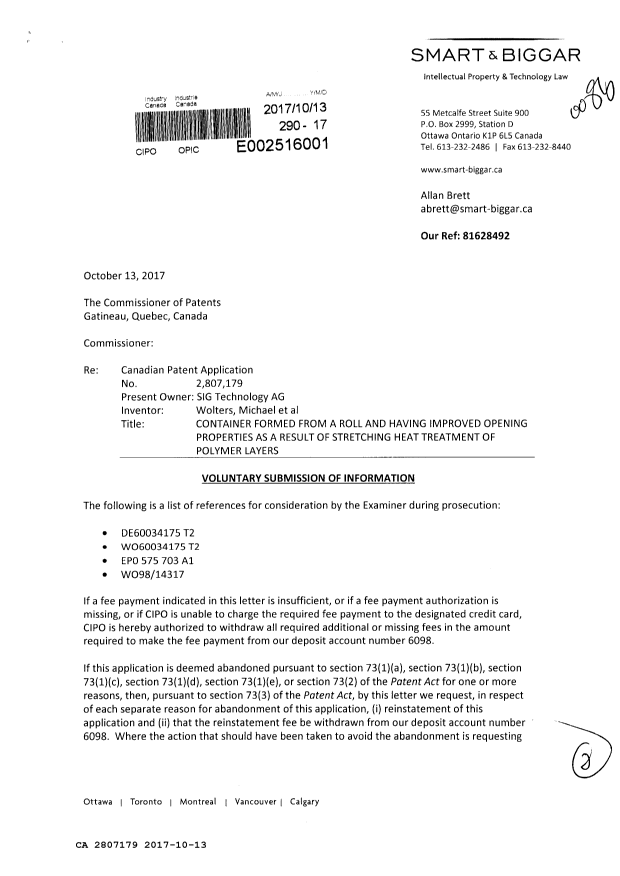 Document de brevet canadien 2807179. Modification 20171013. Image 1 de 2