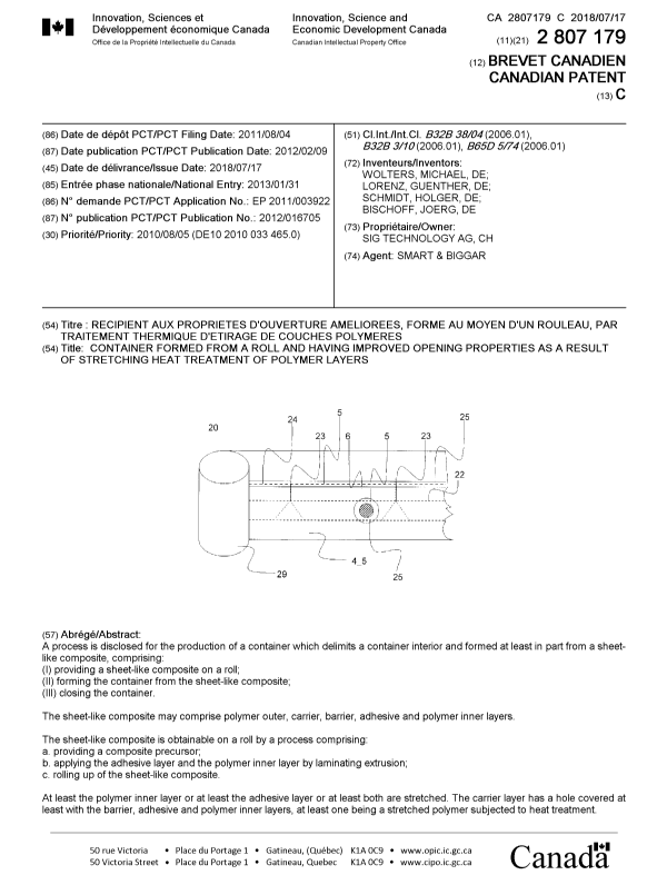 Document de brevet canadien 2807179. Page couverture 20180619. Image 1 de 1