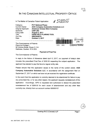 Document de brevet canadien 2807293. Correspondance 20161202. Image 1 de 2