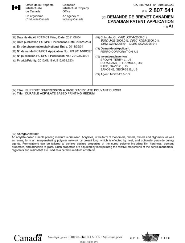 Canadian Patent Document 2807541. Cover Page 20130410. Image 1 of 1