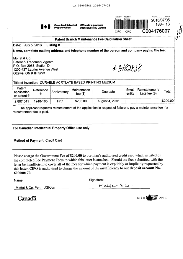 Document de brevet canadien 2807541. Taxes 20151205. Image 1 de 1