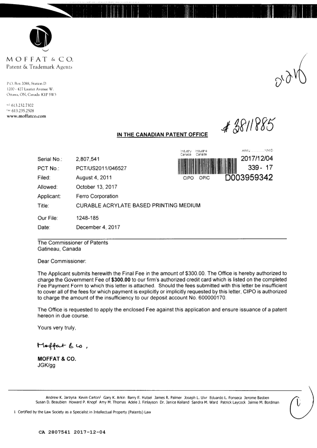 Document de brevet canadien 2807541. Taxe finale 20171204. Image 1 de 1