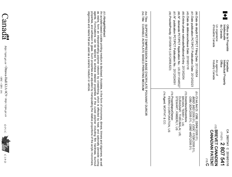 Document de brevet canadien 2807541. Page couverture 20171229. Image 1 de 1